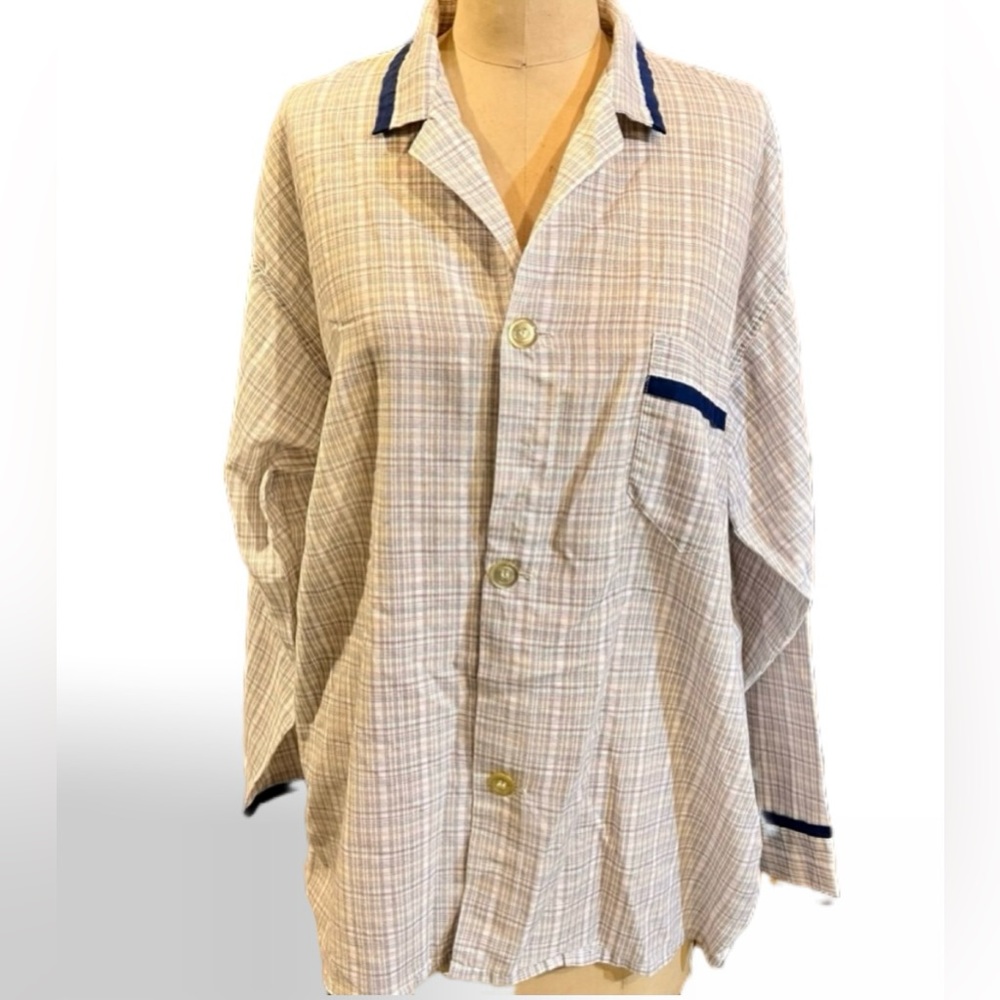 Vintage 70s Lazarus Men’s Store pajama button down‎ shirt blue plaid cotton
